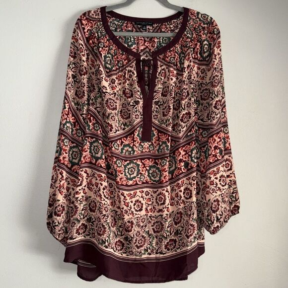 Signature Studio Blouse Womens Plus 3X Long Sleeve Bohemian Floral Beige Red - Picture 3 of 8